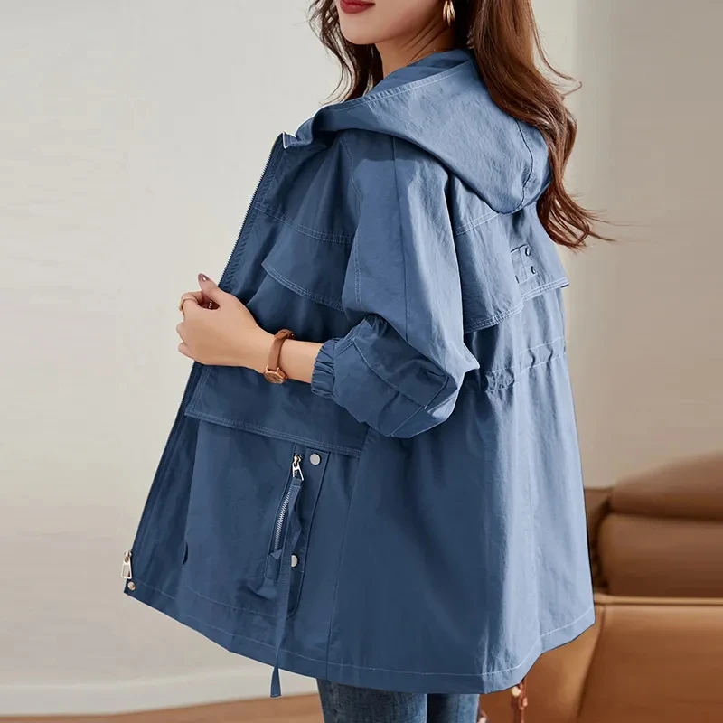 Jas Hujan Wanita 2025 Musim Semi Gugur Baru Korea Model Panjang Sedang Longgar Mantel Wanita Windbreaker Pakaian Luar Wanita Mantel Dasar Berlapis