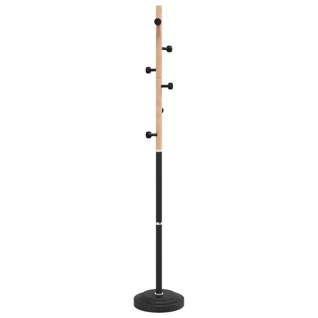 vidaXL Porte-manteau autoportant noir en fer thermolaqué avec crochets en bois de hêtre massif, hauteur 177 cm, base en ciment 30 cm, capacité max. 3 kg par crochet, support à vêtements DIY pour entrée