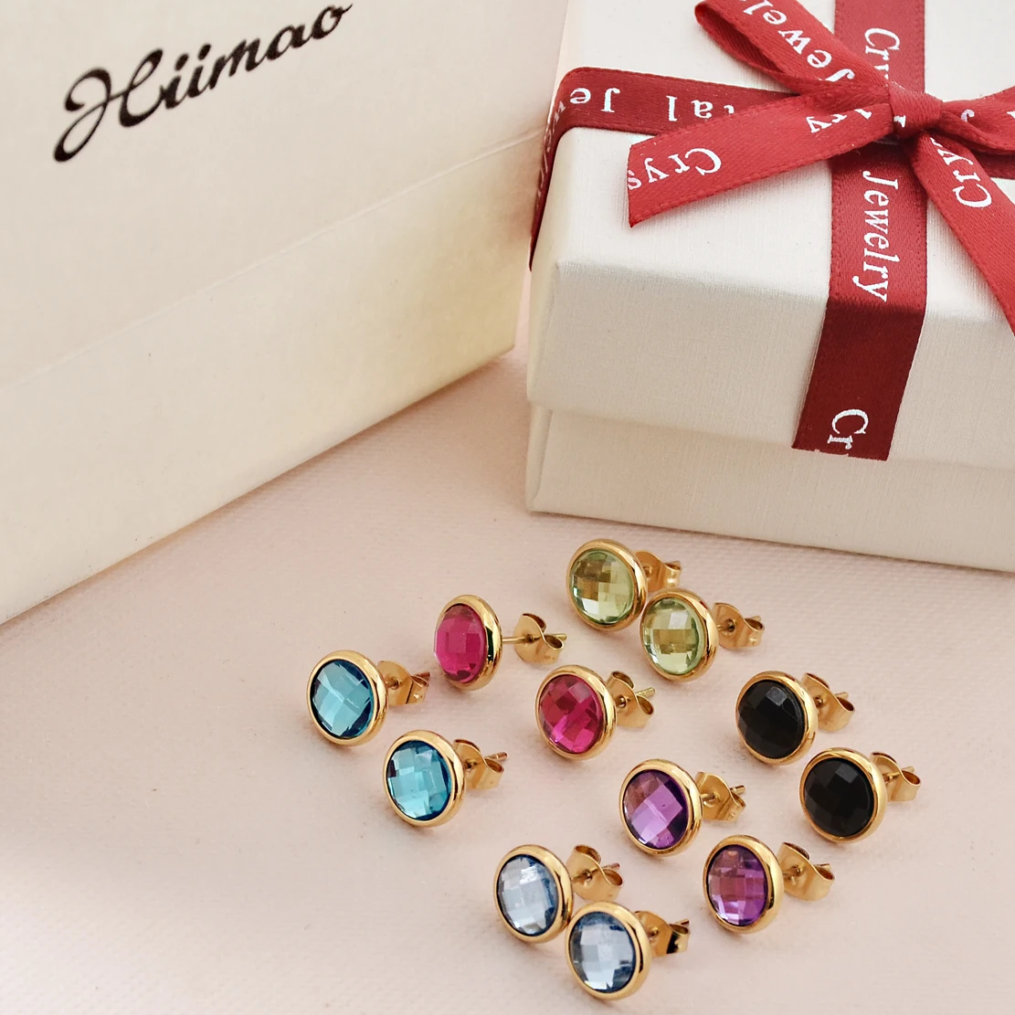 HIIMAO Hot selling Fashion Colored Crystal Stainless Steel Earrings 2024 New Women's Jewelry Gift HME0014