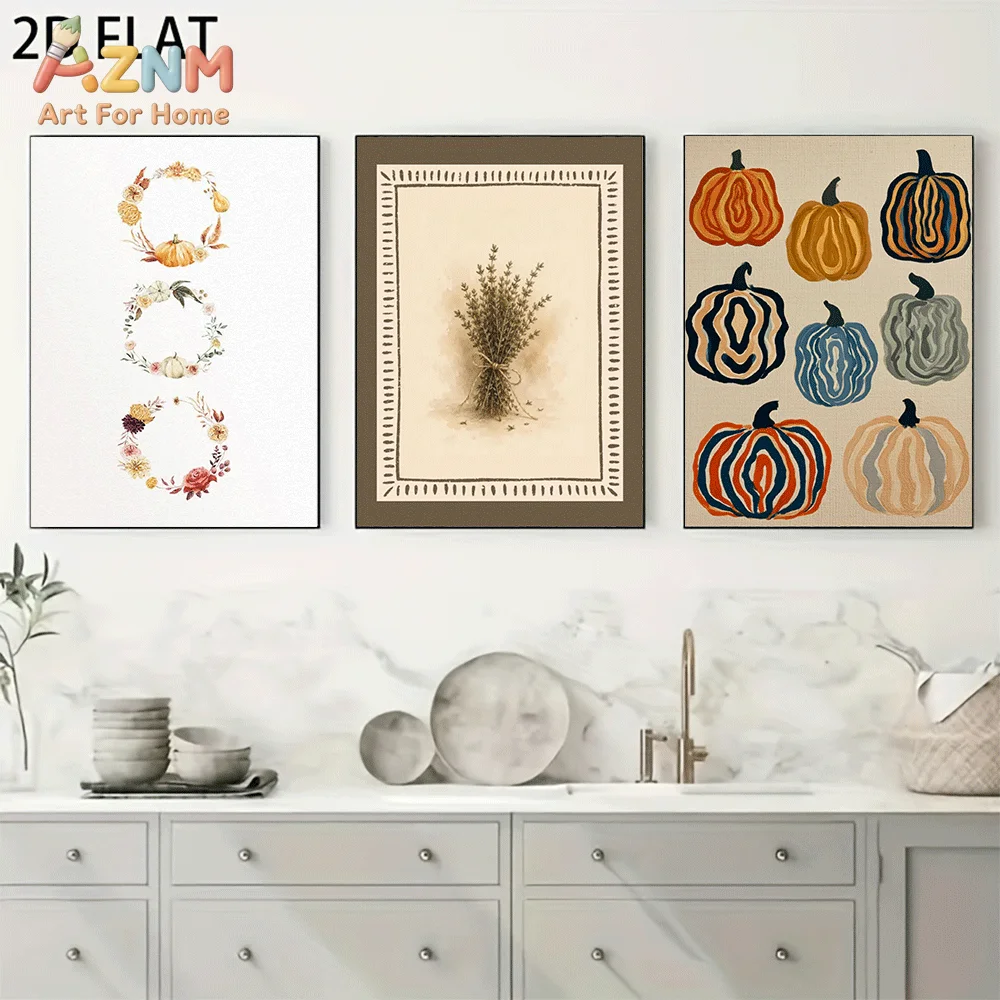 AZNM Frameless Canvas Wall Art, Autumn Pumpkin Wreath Print, Dried Herb Vintage Folk Style Colorful Pumpkin Art Poster for Fall