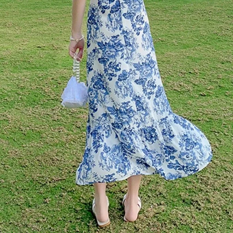 Dress Women Summer Design Ankle Length Ruffles French Flower Sleeveless Sundress Sqaghetti Temperament Female Classic Holiday