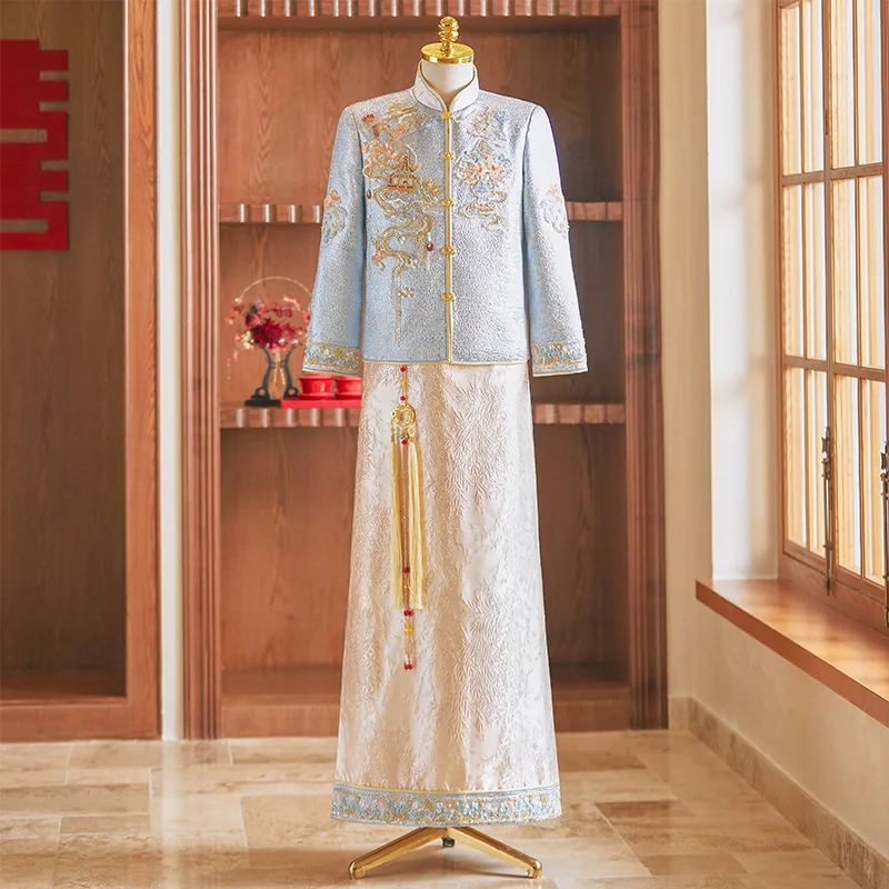 2024 New Modern Improved Chinese Traditional Dragon Embroidery Long Groom Cheongsam Suit Retro Stylish Marry Cheongsam For Men