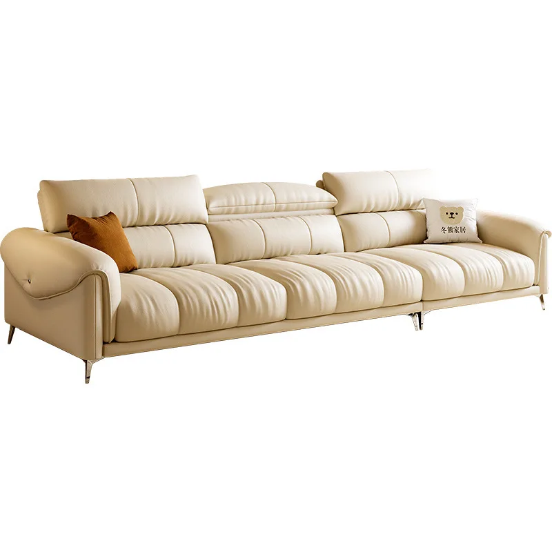 

Minimal light luxury living room small apartment simple modern straight row leather sofa