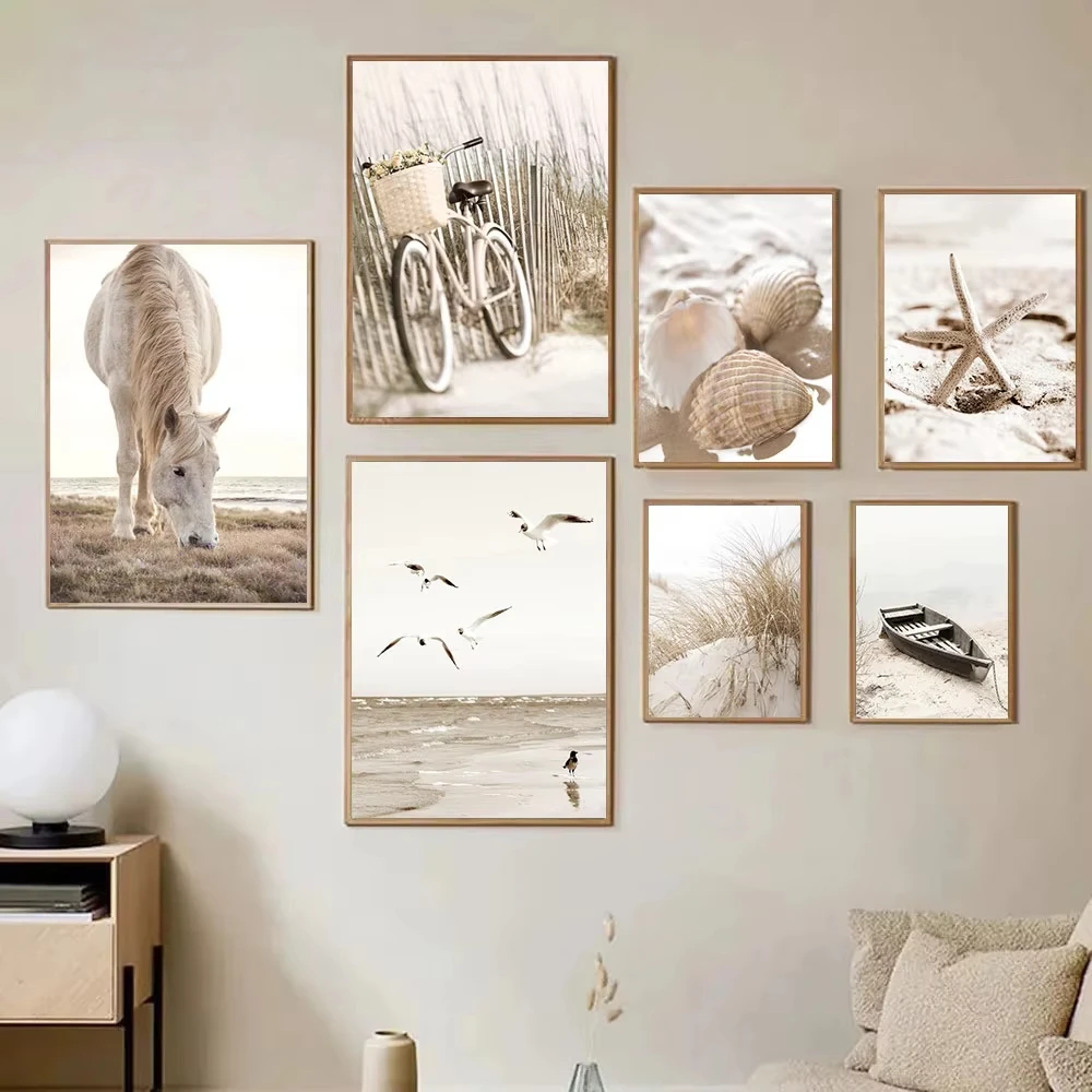 Beige Sea View Poster Print Starfish Shell Wall Art Horse CanvasPainting Boat Bicycle Poster Nordic Mural Living Room Decorat