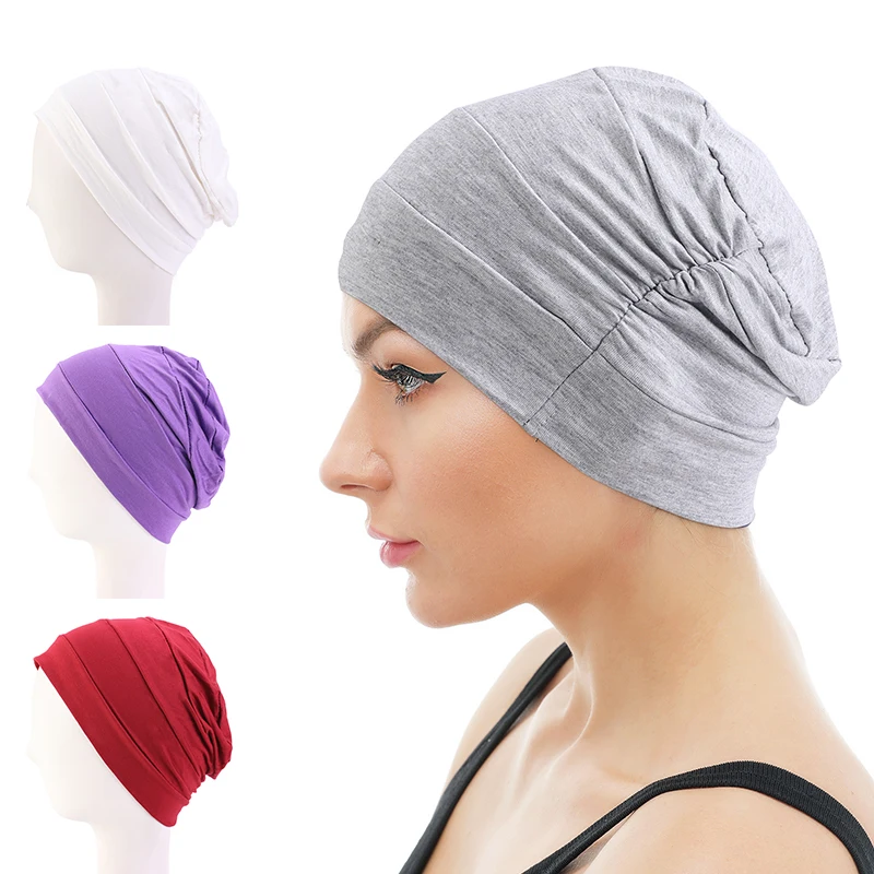 Women Cotton Slouch Beanie Chemo Cap Wwith Button Solid Color Bonnet Inner Hijabs Cap Muslim Headscarf ElasticTurban Hat