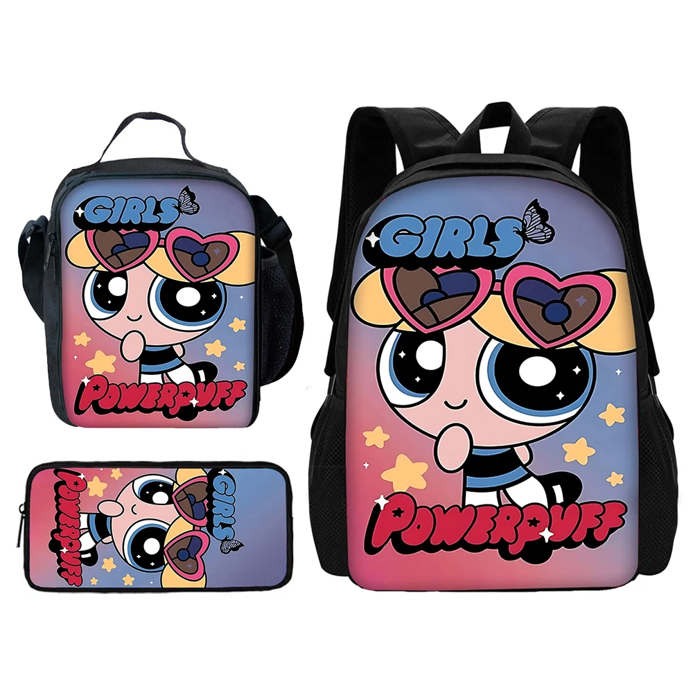 Cartoon Girls The P-powerpuffs Child School Backpack with Lunch Bags,Pencil Bags,School Bags for Boys Girls Best Gift