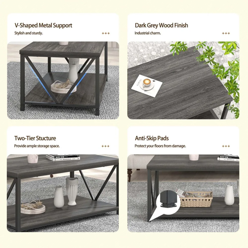 طاولة قهوة ريفية حديثة مع مساحة تخزين لمساحات المعيشة الصغيرة: طاولة مركزية من الخشب والمعادن المدمجة