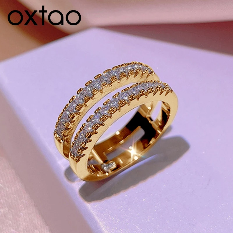 

Кольца OXTAO с двойным рядом камней, подарки на годовщину для пар, сертифицированные, 2 мм, муассанит D, обручальное кольцо, ювелирные изделия, позолота 14K