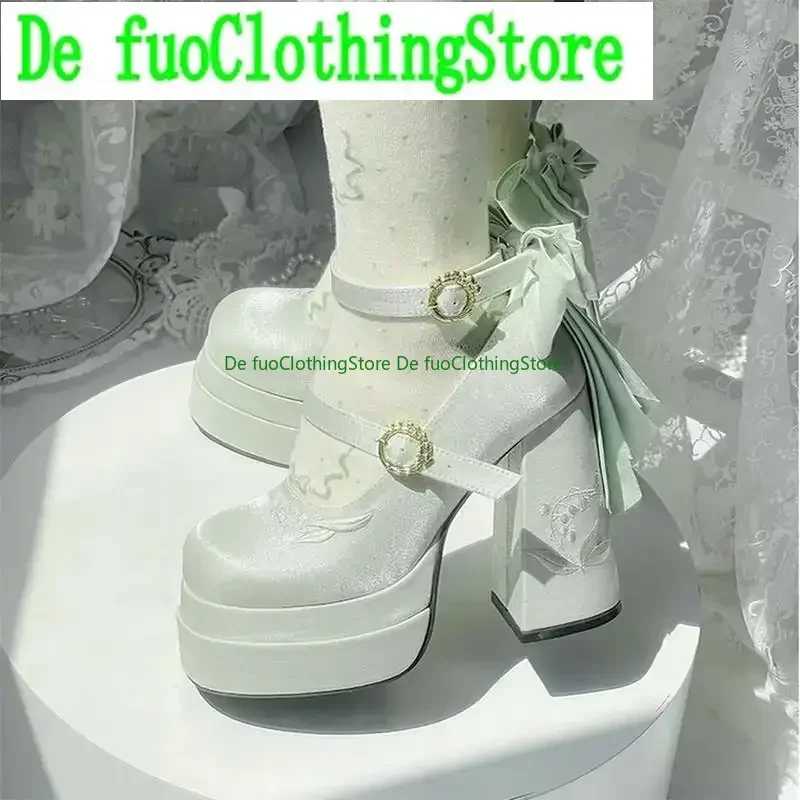 Elegant Satin Waterproof Lolita Mary Jane Shoes Women Sweet Girls Cute Bow Paltform High Heel Ladies Pumps Platform Heels