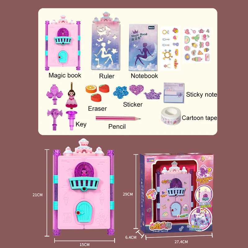 Livre de journal magique avec clés de verrouillage, taille-crayon, gomme autocollante, déverrouillage, fournitures éducatives, jouets faits à la main, cadeau pour enfants