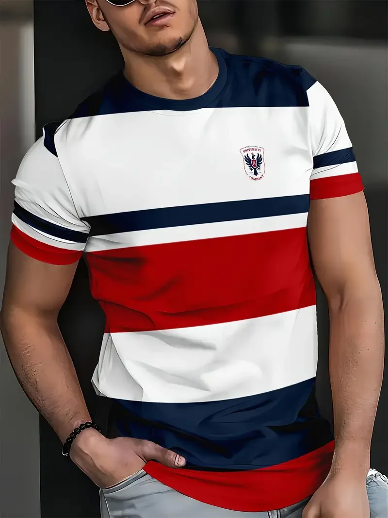 Men's casual fashion short-sleeved T-shirt 3D printing red and white striped print for summer daily outdoor street wear