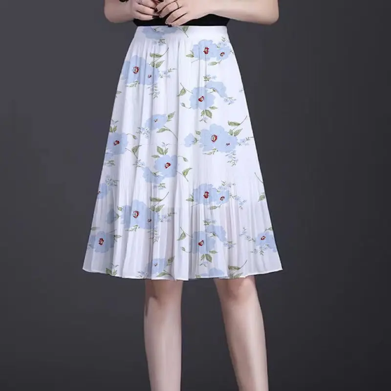 Half Length Skirt Women's Summer New Versatile Chiffon Floral Elastic High Waist Slim Korean Version Large Swing A-line Skirt