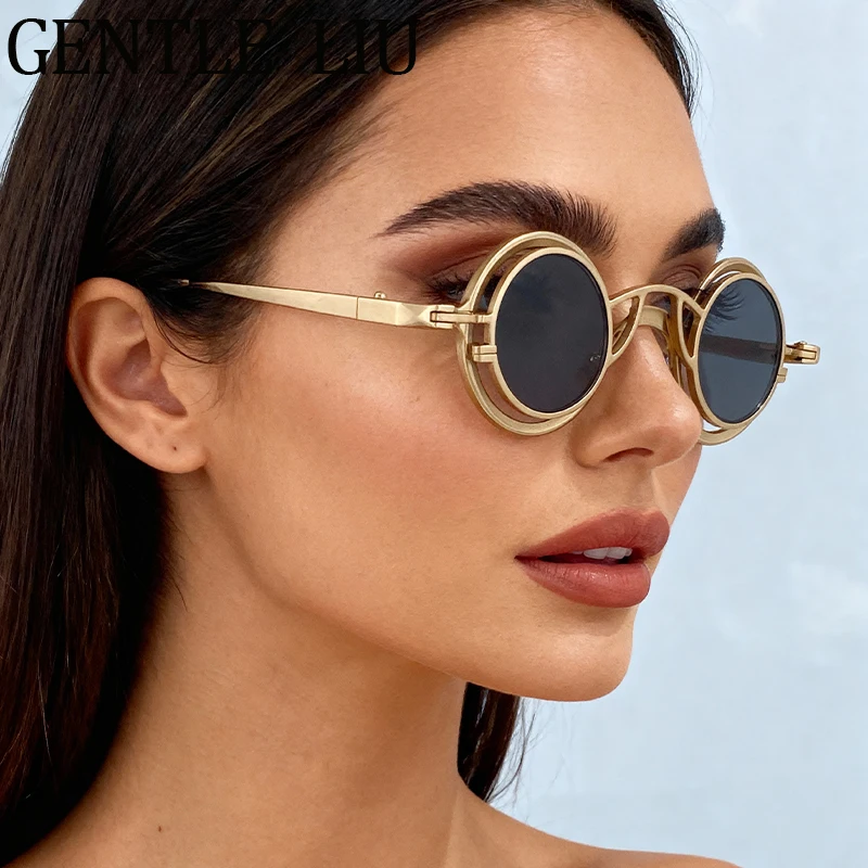 

2 In 1 Pure Small Round Steampunk Clip On Sunglasses Women 2025 Luxury Brand Vintage Metal Frame Removable Prescription Eyewear