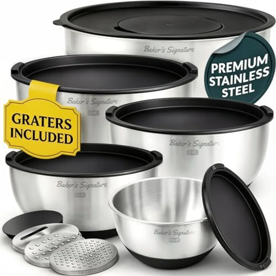 Stainless Steel Mixing Bowls with Lids Set, 5 Sizes, 3 Graters, Non-Slip Base, Airtight Lids, Metal Mixing Bowls for Kitchen, F