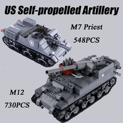 WW2 US Military M12 M7 Priest Self-propelled Artillery Building Blocks Army Soldier Figures Tank Model Assemble Bricks Boys Toys