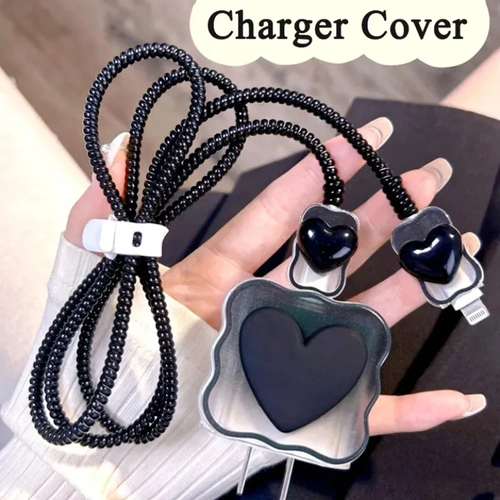 Black Love Charger Cable Protector For Iphone 15 14 13 Pro Max 18W 20W Charger Data Line Spiral Winder Protective Sleeve