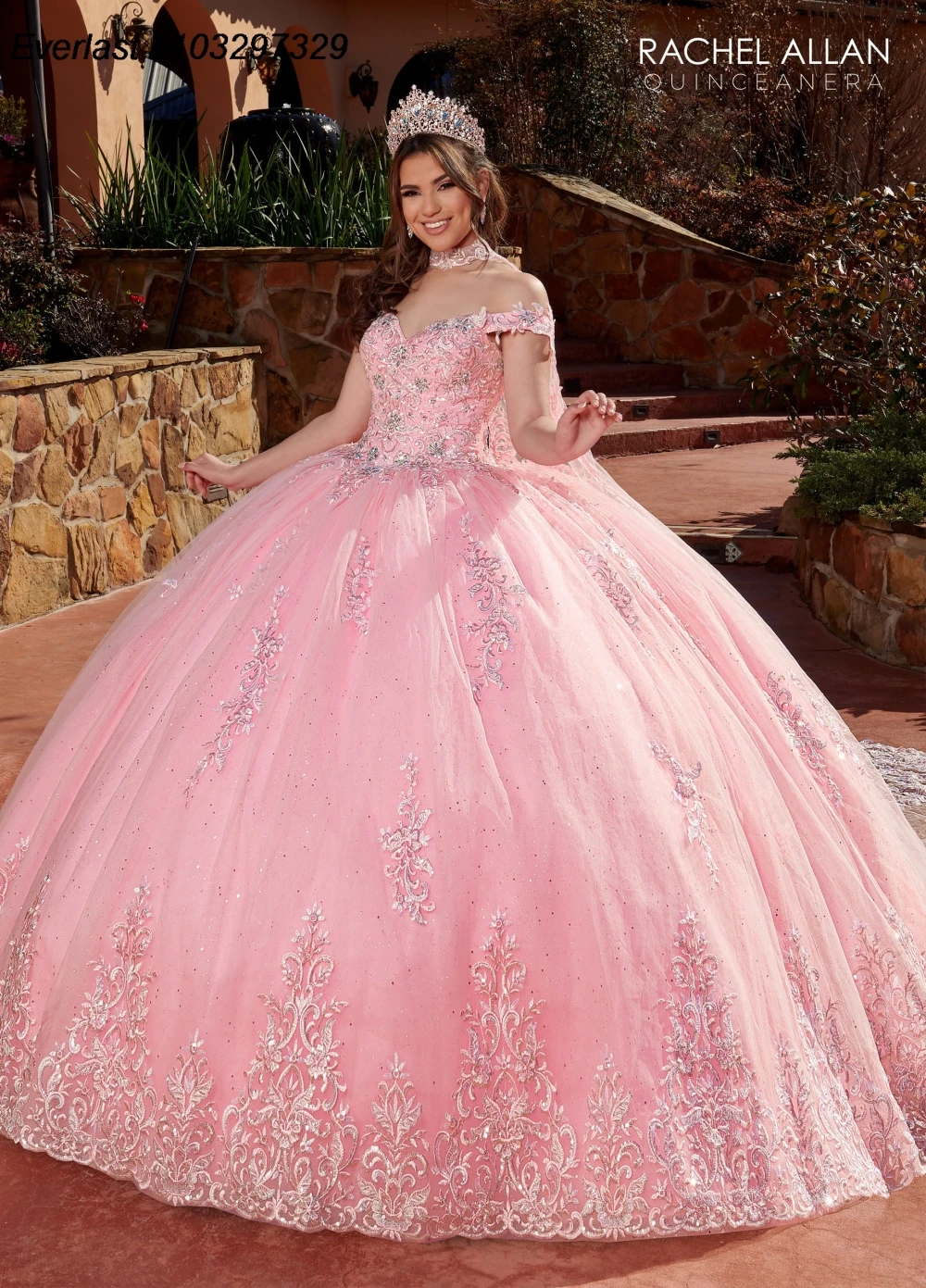 EVLAST Shiny Pink Quinceanera Dress Ball Gown Lace Applique perline cristalli con Cape corsetto Sweet 16 Vestido De 15 Anos TQD466