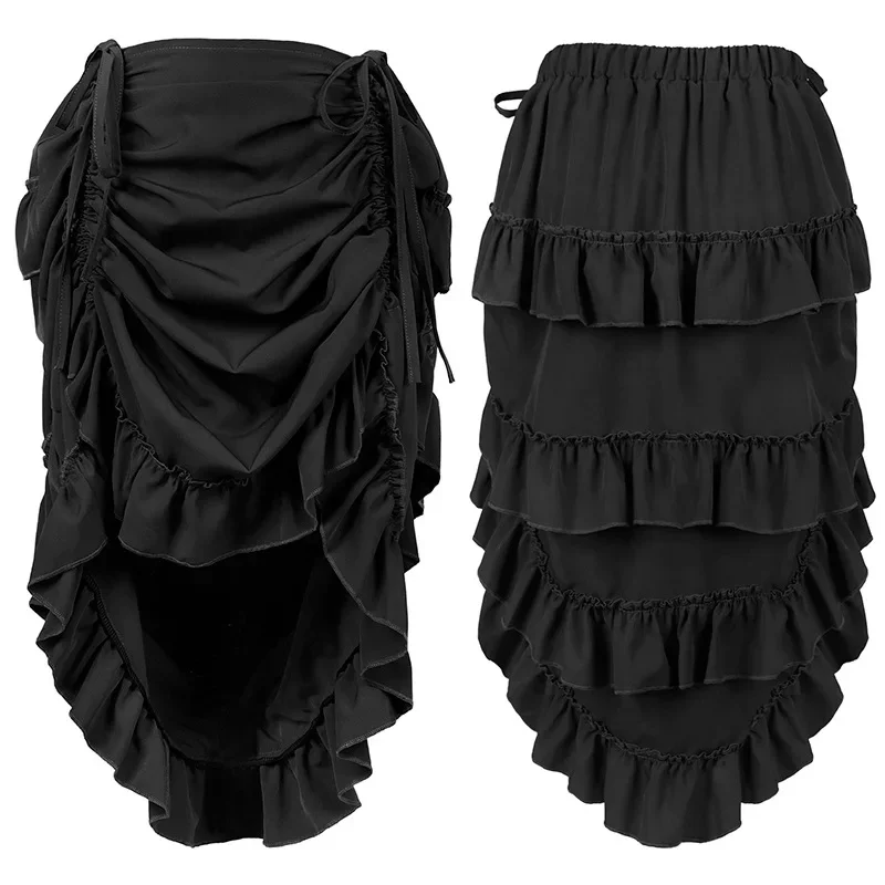 2026 New Retro Women Drawstring High Low Skirt Victorian Steampunk Ruffles Irregular Skirts Renaissance Gothic Medieval Costume