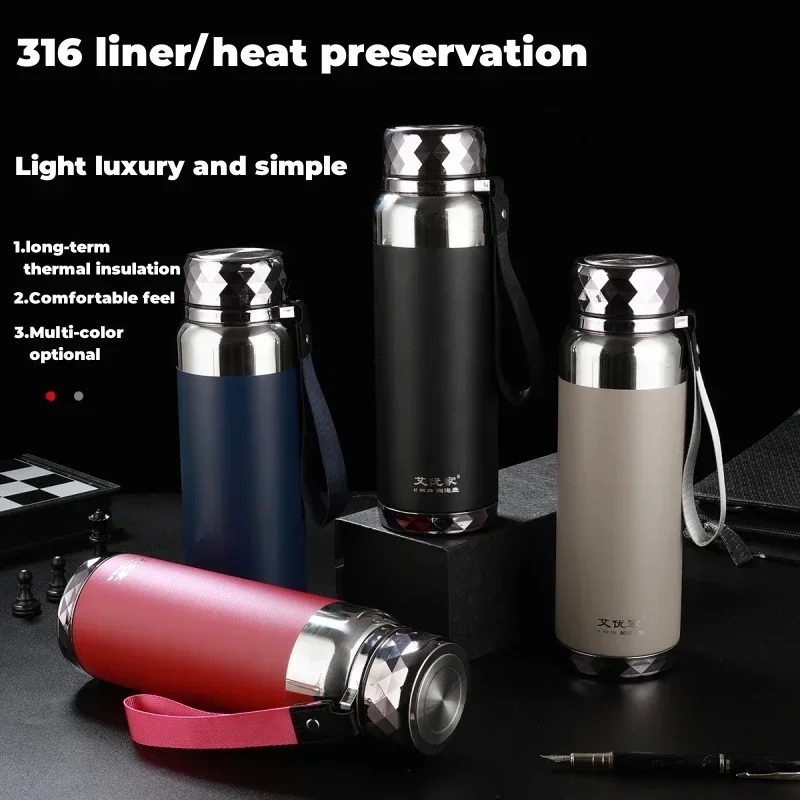 1L 316 Stainless Steel Thermos Bottle 24-hour Thermal cup portable tumbler Large capacity Diamond lid Flask