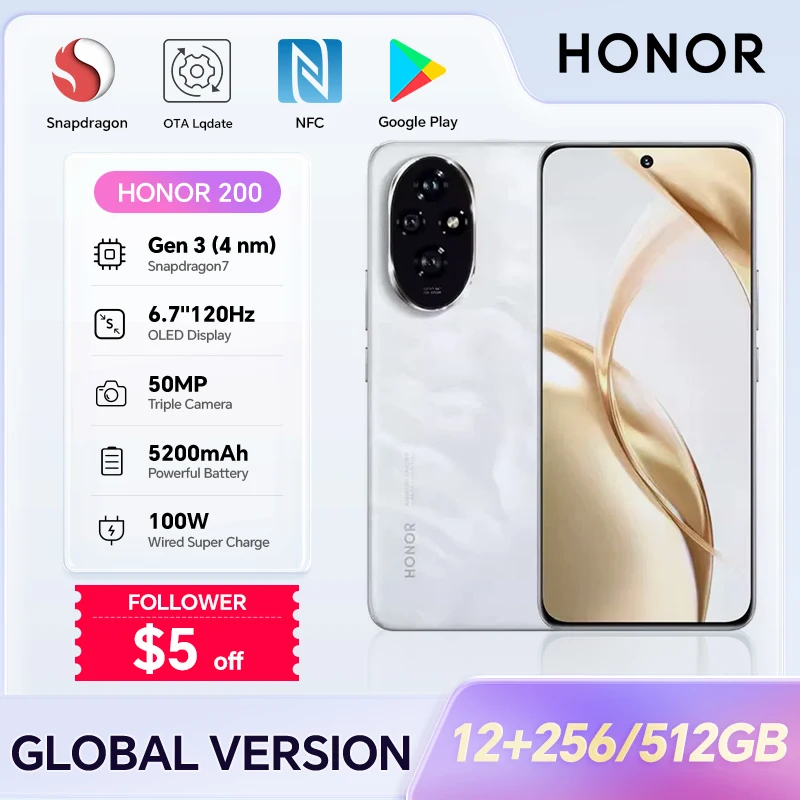 HONOR 200, 12GB+256/512GB, 6.7” 120Hz, 5G, Dual SIM, 50MP Triple Camera, Fast Charging, Android Smartphone