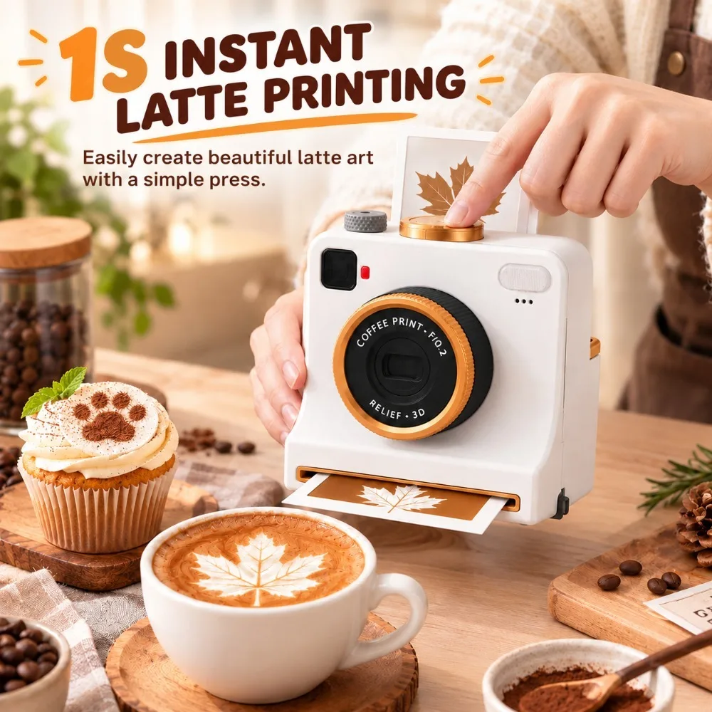3D Printed Coffee Printer Latte Art Camera 4 Randomly Card Papers One Touch Press Coffee Powder Holiday Gift for Coffee Lovers