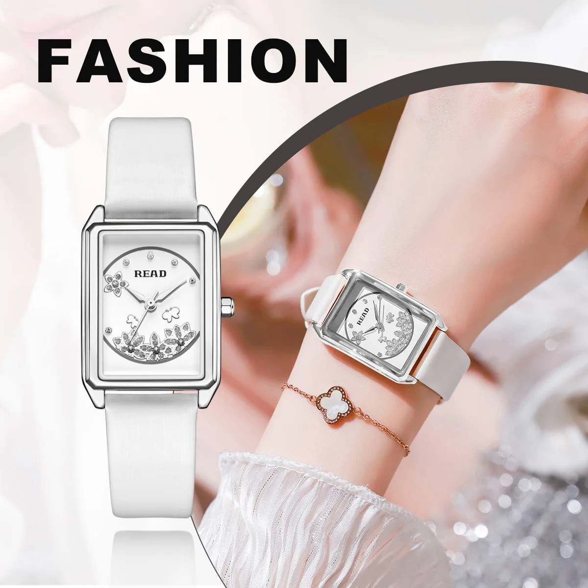 READ Ladies Rectangular Analog Watch | Flower Inlaid Dial | White Textured Band | Daily Water Resistant Fashion Dress‑up Watch