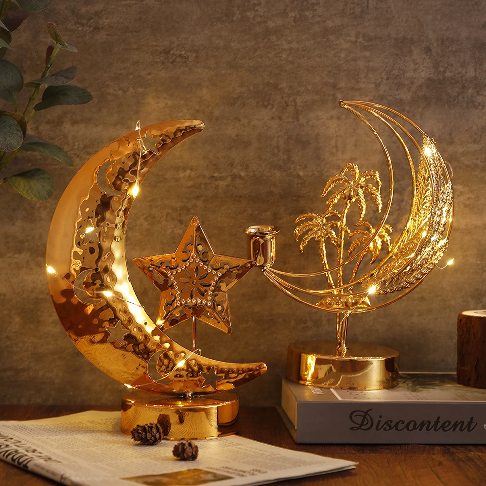 Metal EID Mubarak Light Candlestick Tray Islam Muslim Festival Star Moon Lamp Ornaments Ramadan Party Decorations for Home