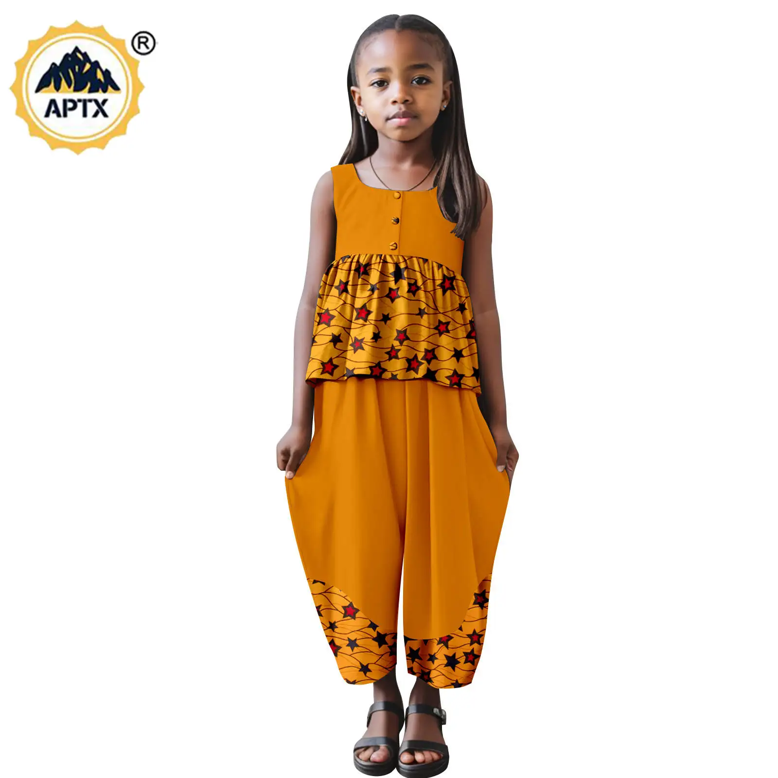 

African Clothes Dashiki Cotton Sleeveless Top and Wide Pant Sets Baby Girl Outfits Bazin Riche Summer Children Outwear 2446004