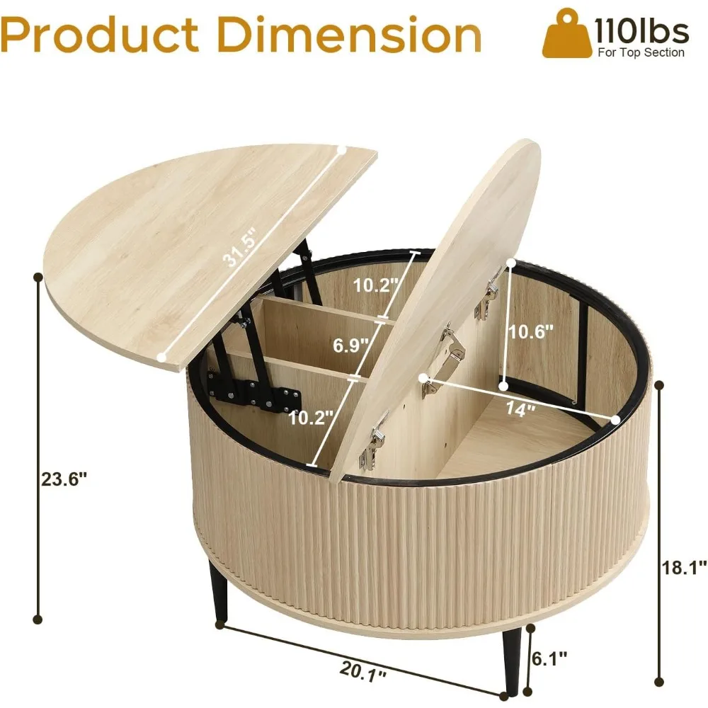 Round Coffee Table with Storage, 31.5 Lift top Coffee Table，Fluted Modern Wooden Center Table for Living Room, Small Spac