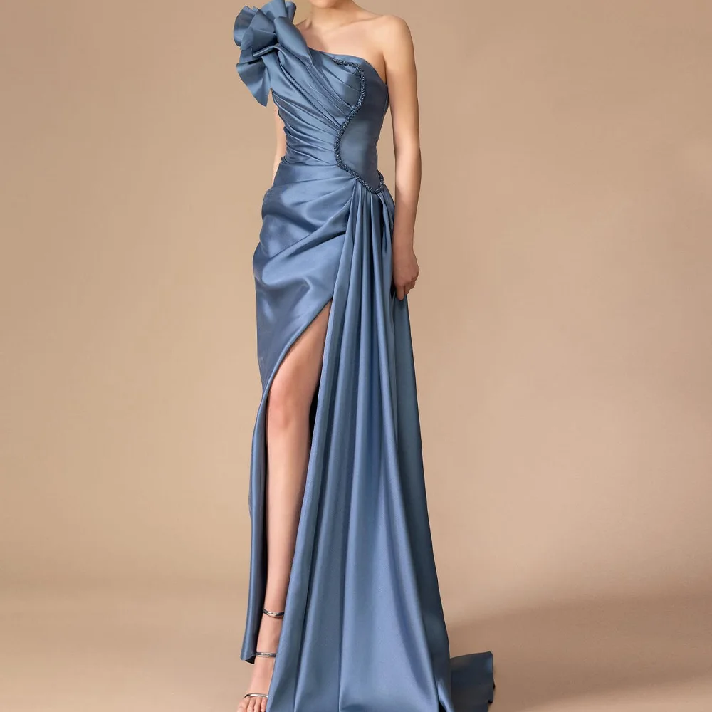 3D Flowers Lace Up Back Panel Train Pleats Ruched Sleeveless Satin One Shoulder Floor Length Side Slit A-Line Evening Dress 2024