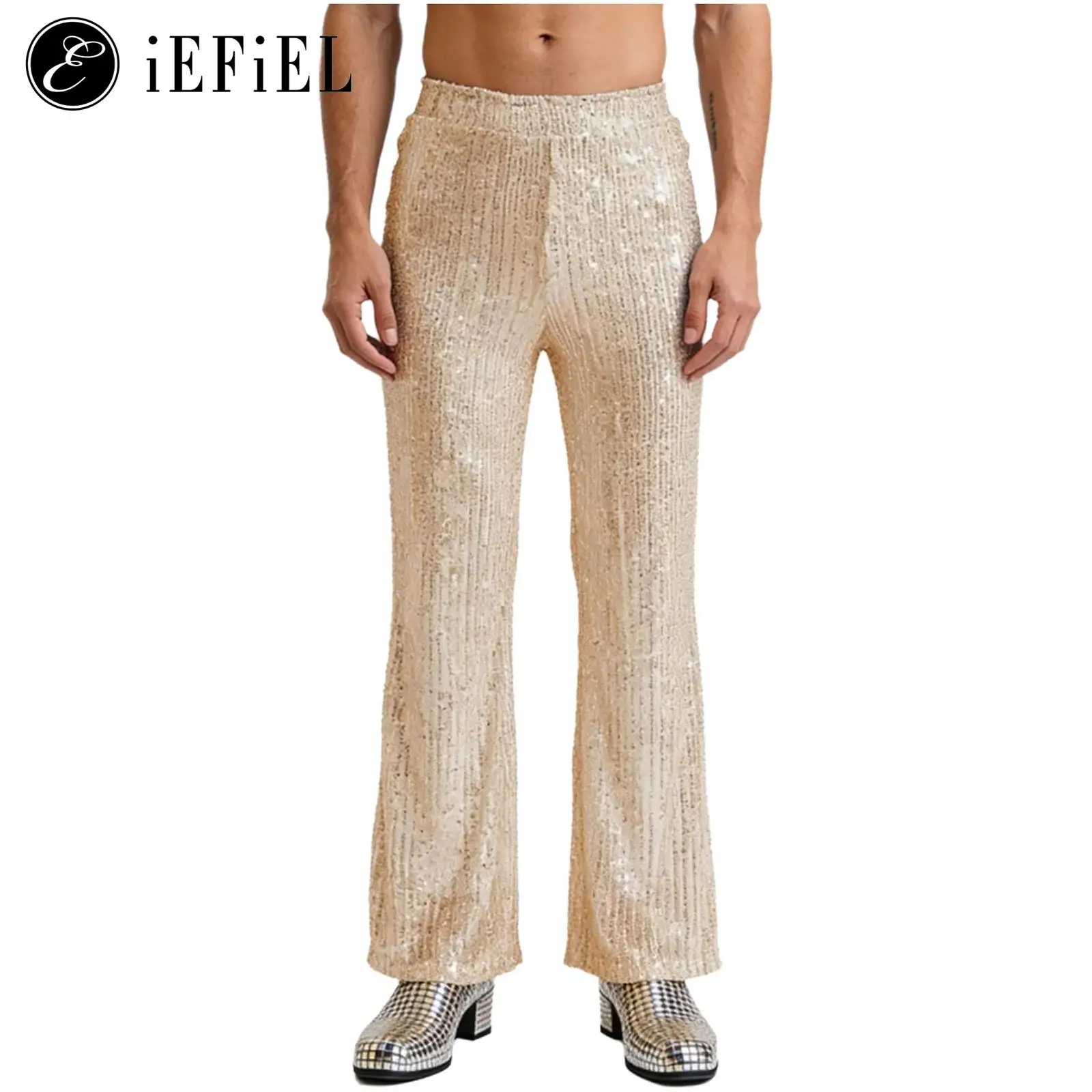 

Mens Glittery Sequins Disco Jazz Dance Pants Trousers High Waist Fully Lining Loose Wide Leg Bling Pants for Club Raves Party