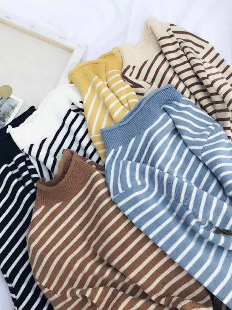 Autumn Winter Women Mock neck Sweaters Pullover Tops Fashion Female Skinny Elastic Long Sleeve Casual Striped Knitted Shirts