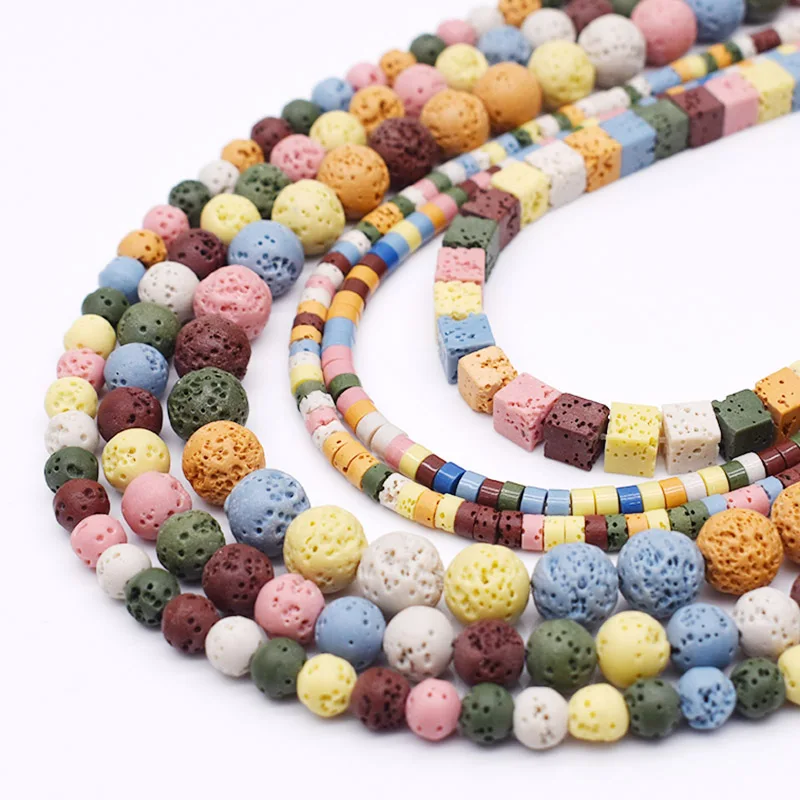 4 6 8 10mm Volcanic Lava Natural Stone Beads Colorful Round Cube Space loose Bead For Jewelry Making DIY Bracelet Necklace