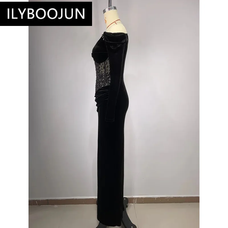 BY Women Celebrity Sexy Crystal Off Shoulder Velvet Black Maxi Long Dress 2024 Elegant Party Evening Stage Performance Vestido