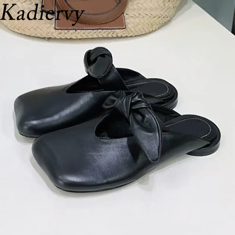 

Genuine Leather Slippers Women Square Toe Mules Shoes Women Butterfly-knot Flat Slides Casual Comfort White Black Slippers Woman