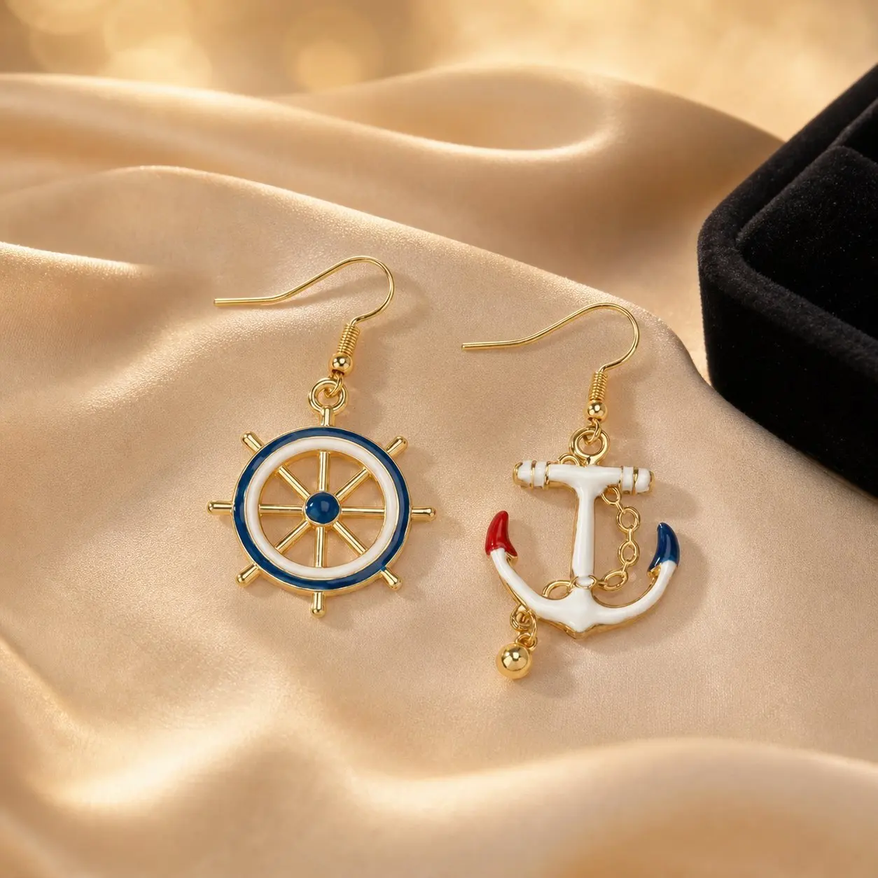 Ocean Element Asymmetry Glaze Ship Anchor Steering Wheel Earrings For Women Trendy Ears Accessories Jewelry Gift Vacation Travel