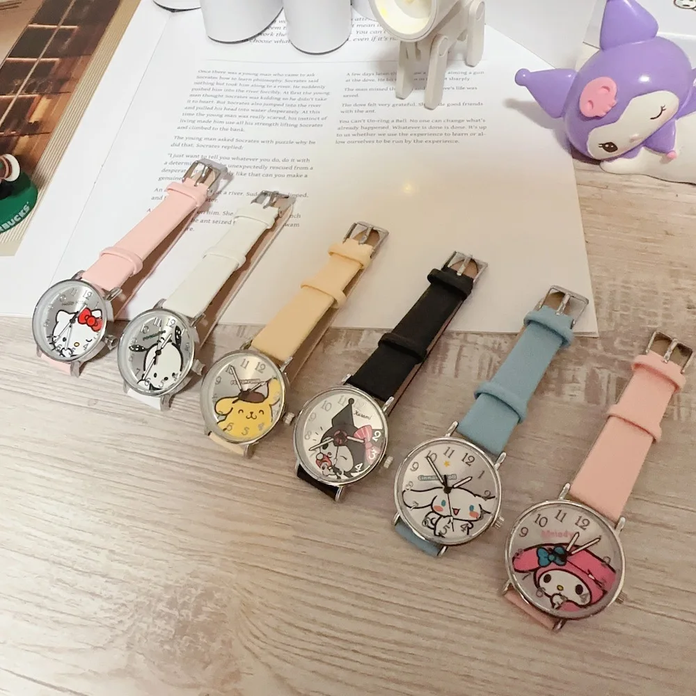 Kawaii Hello Kitty Sanrio Watch Anime Kuromi Cinnamoroll Leather Versatile Quartz Wrist Watch Gift Box Set Girls Festival Gifts