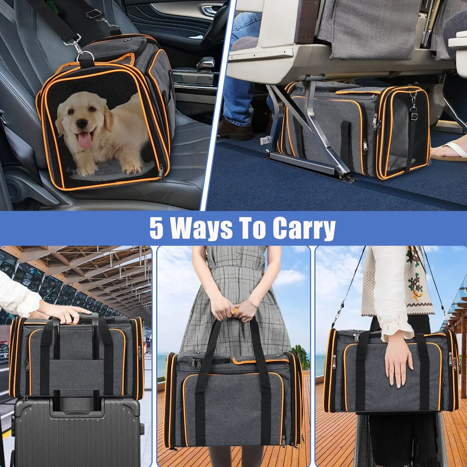 Airline Approved Expandable Soft-Sided Pet Carrier With Removable Fleece Pad And Pockets, For Cats/Puppy Travel Pet Carriers