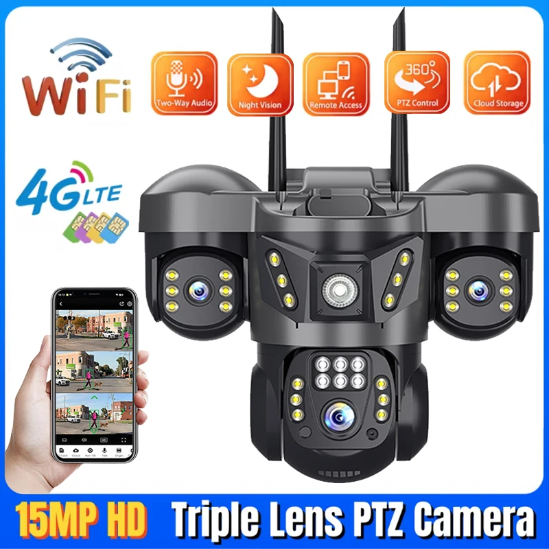 

15-мегапиксельная PTZ-камера с тройным объективом, 4G SIM-карта, беспроводная уличная водонепроницаемая камера, Wi-Fi, IP-камера видеонаблюдения для обнаружения человека