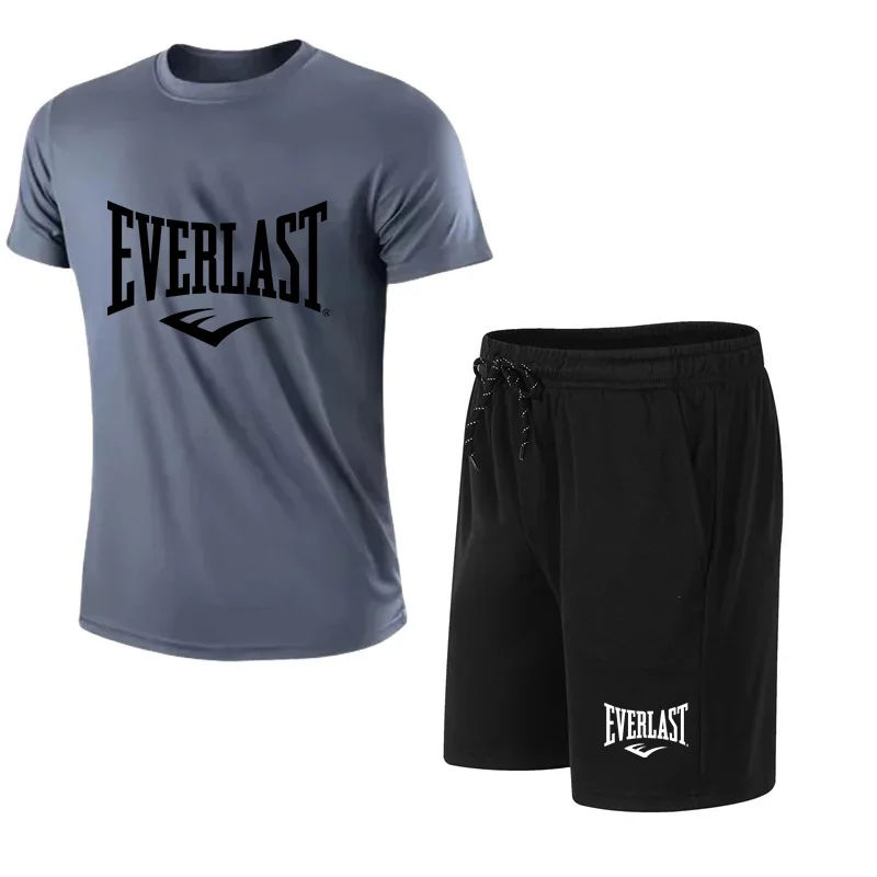 2024 New Fashion EVERLAST Men\'s T-shirt + Shorts 2pcs Set Leisure Breath Short Sleeve Sport Jogging Gym Brand Print Clothing