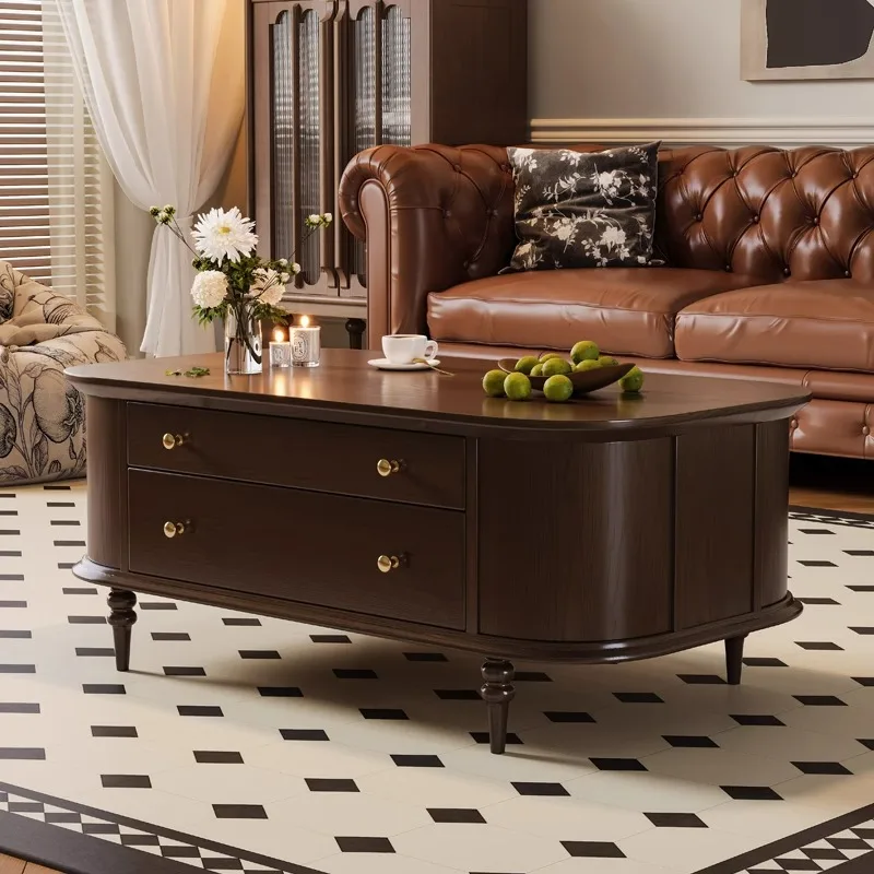 French retro solid wood coffee table, tea table, oval American medieval sofa edge table