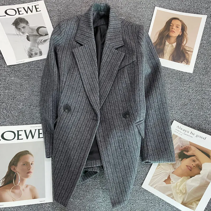 Grey Woolen Suit Jacket For Women 2022 Winter Herringbone Pattern Design Single Breasted Versatile Blazer Fashion Coat T1270