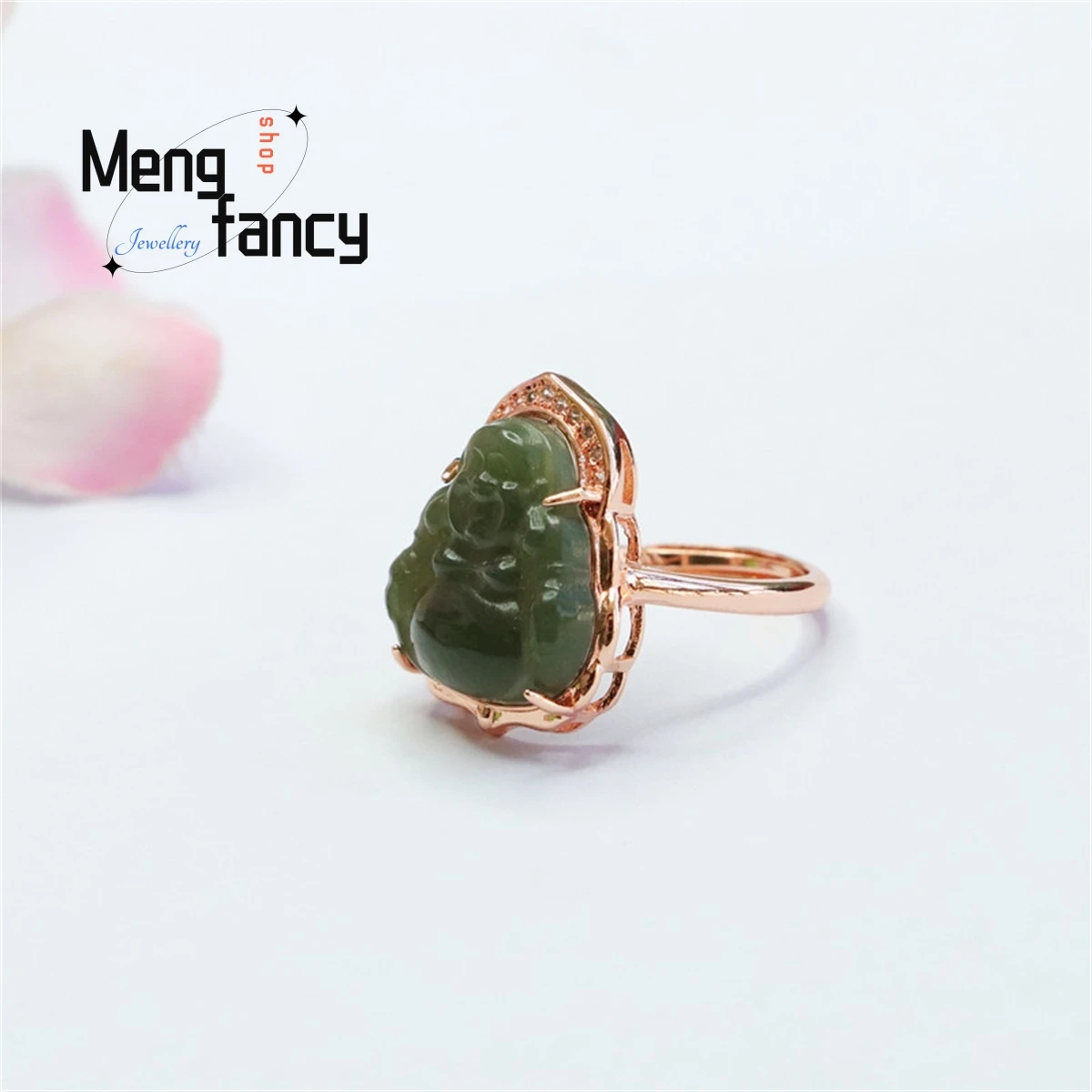 Natural Hetian Jasper Maitreya Buddha Rose Gold Ring Simple Personality Charm Fashion Versatile Exquisite Elegant Luxury Jewelry