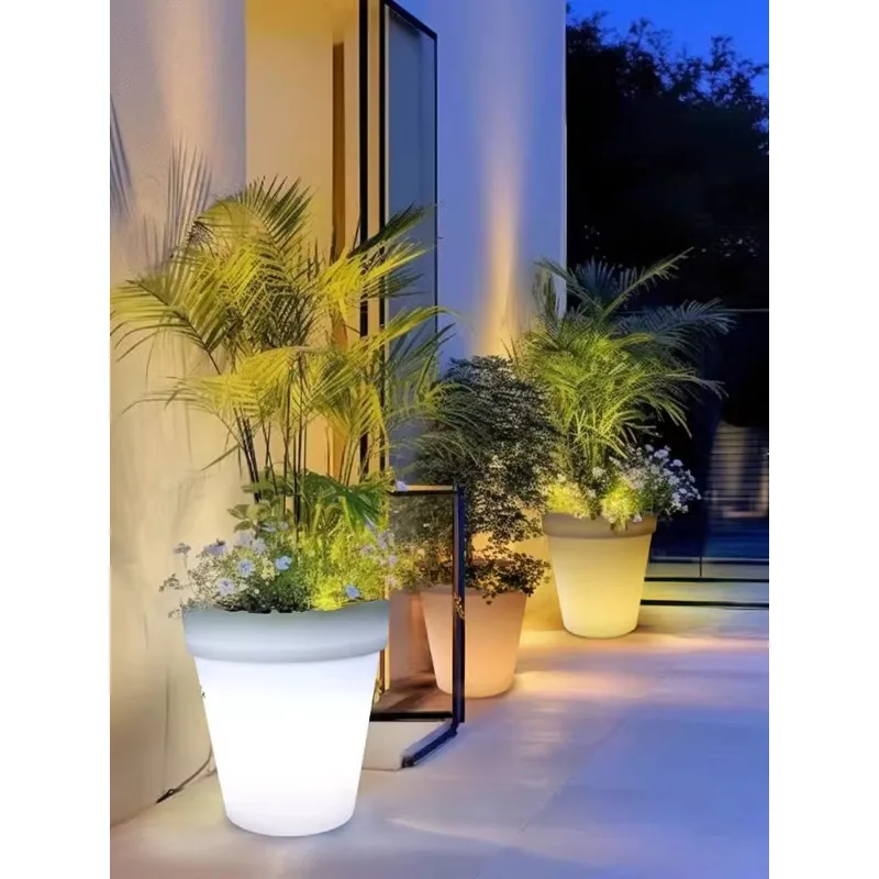 Creative luminous plastic large flower pot new high-end flower pot with lamp outdoor courtyard villa entrance decorative