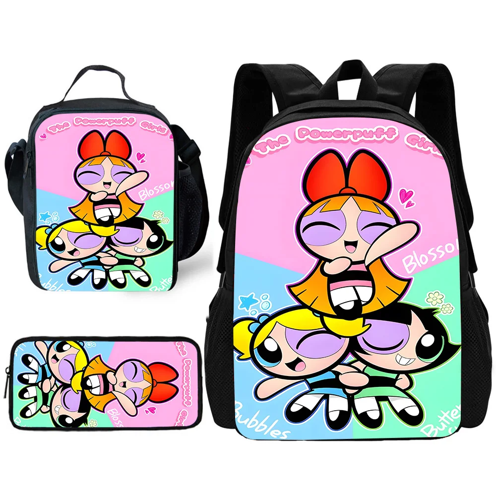 Sac à dos d'école pour filles, mignon Anime Powerpuffs pour enfants, avec sacs à déjeuner, sacs à crayons, sacs d'école pour garçons et filles, meilleur cadeau