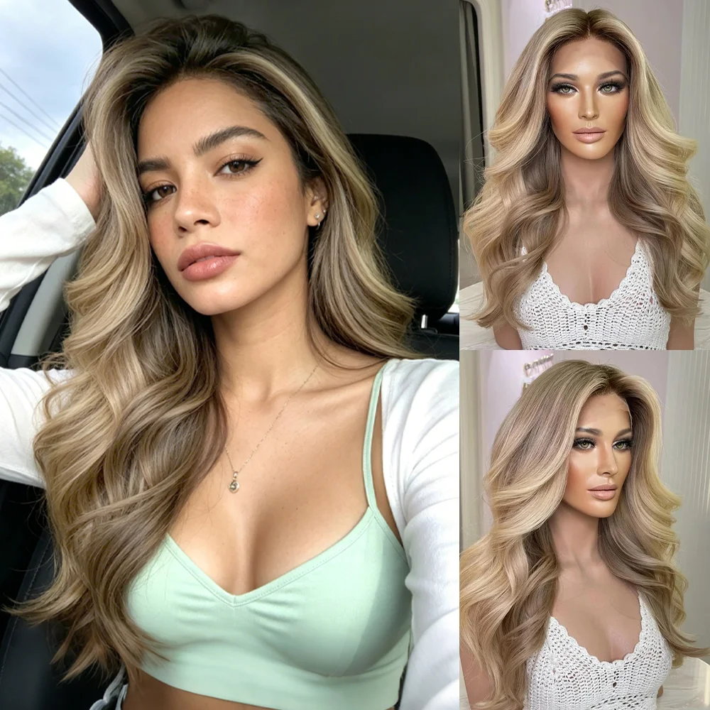 

13x4 HD Lace Front Wig Synthetic Ash Blonde Brown Long Wave Layered Glueless Wig for Women Natural Look Daily Wear