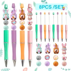 8PCS New Colorful Easter Bunny Themed DIY Bead Ballpoint Pen And 3D Rabbit Silicone Bead Set , Office &School Supply Gift