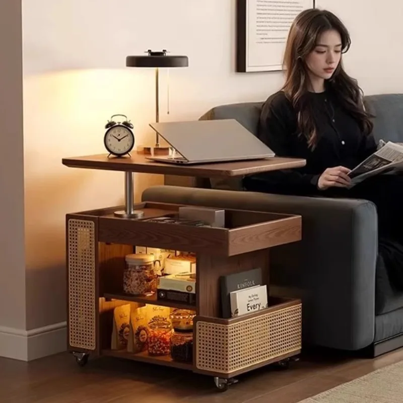 Mobiler Beistelltisch aus Massivholz mit Rattan im Wabi-Sabi-Stil, drehbarer Couchtisch für Wohnzimmer, Sofa-Beistelltisch, kleiner Schrank für Esszimmer und Zuhause