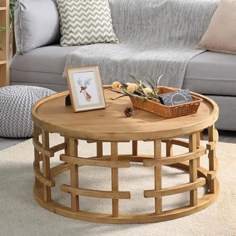 

Farmhouse Round Coffee Table, French Country Sofa Tables,Rustic Solid Wood Finish w/ Openwork Pattern & Curved Base, Handcrafted