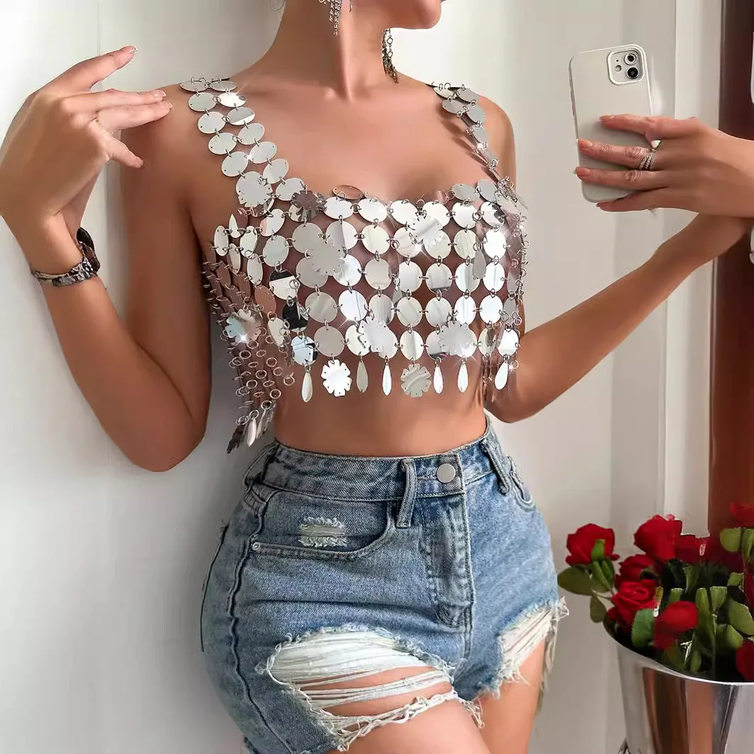 

2024 Solid Color Bead Splicing Sexy Strap Tank Top L21605